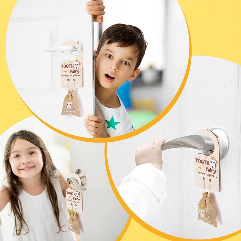 PartyYeah 1 Set/4Pcs Wooden Tooth Fairy Box Tooth Fairy Door Hanger Tooth Fairy Box with Storage Pouch Gold Foil Reward Coin Wooden Doorplate Toot-h Fairy Coin - Image 4